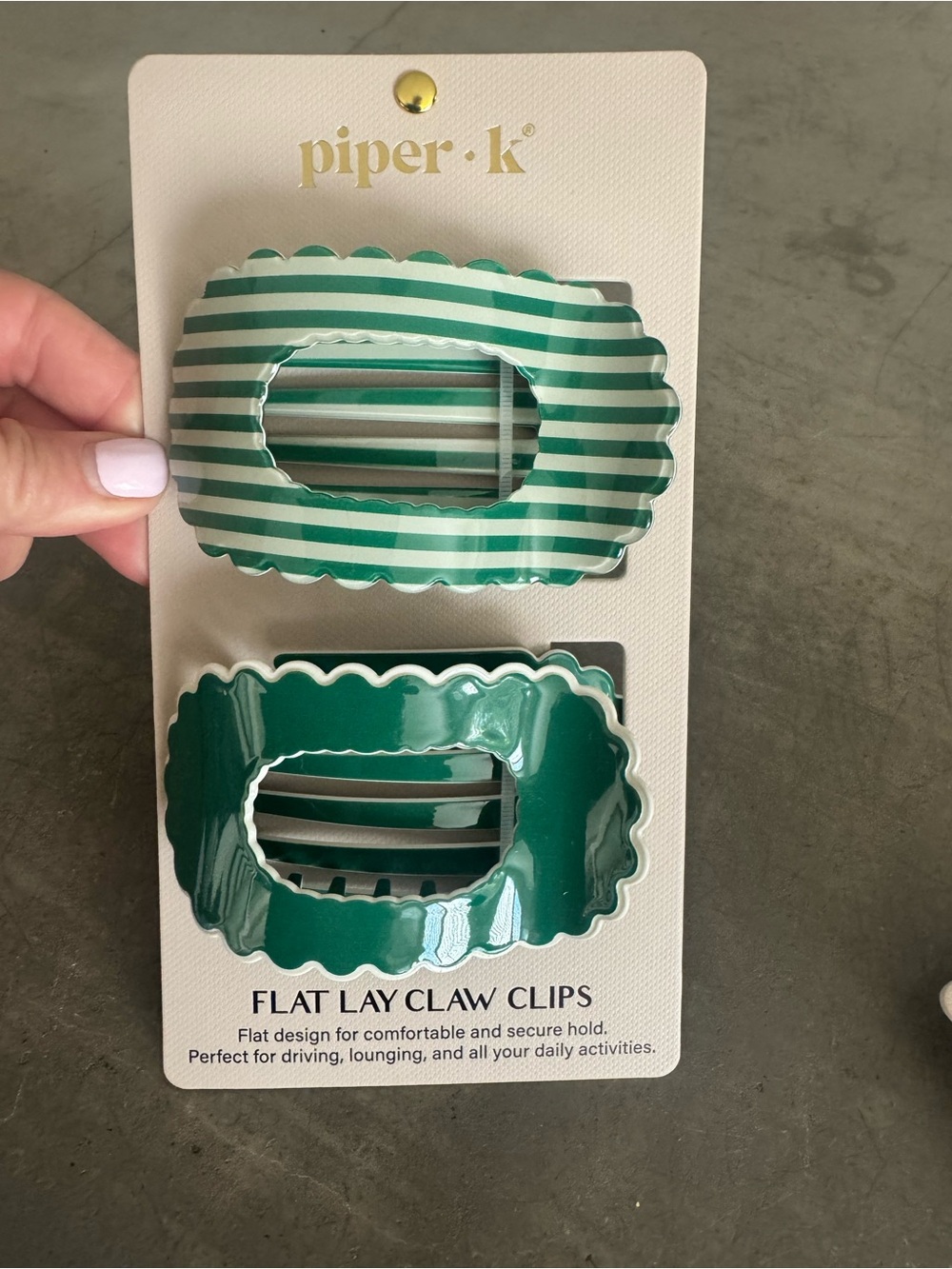 Piper•K Green Striped and Solid cute “ruffled”edged, Flat Lay Claw Clip Duo